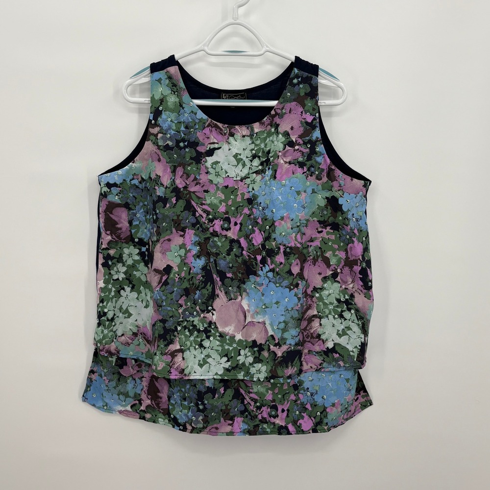 DG2 by Diane Gilman Womens XL Floral Layered Tank Top Navy Blue Mixed Media NWOT